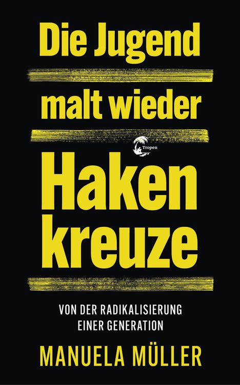 "Die Jugend malt wieder Hakenkreuze. Von der Radikalisierung einer Generation. Manuela Müller." Gelber Text auf schwarzem Hintergrund.