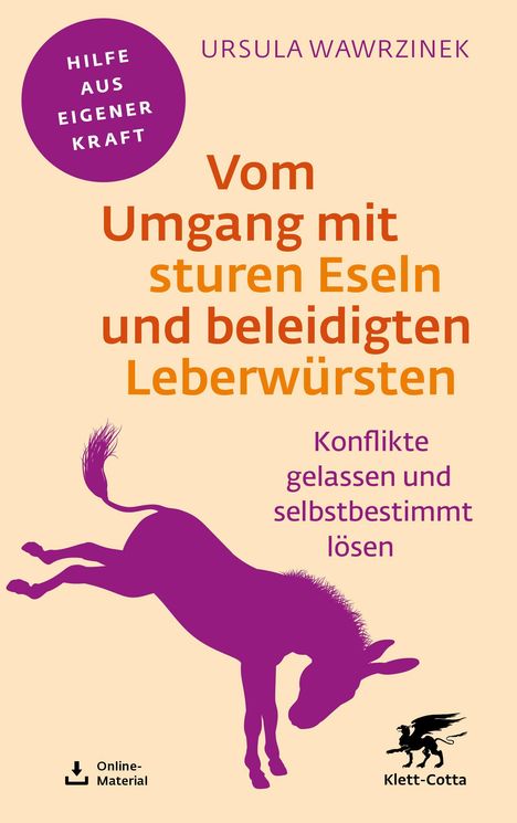 „Vom Umgang mit sturen Eseln und beleidigten Leberwürsten“, Illustration eines springenden Esels, lila auf beige.