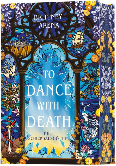 Text: "Brittney Arena", "To Dance with Death", "Die Schicksalsgöttin". Abstrakte, bunte Glasfenster-Illustration mit Natur- und Fantasieszenen.