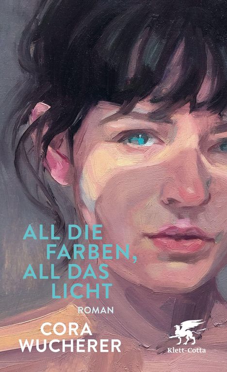 Text: „ALL DIE FARBEN, ALL DAS LICHT. Roman, CORA WUCHERER.” Illustration eines Gesichts, großer Pinselstrich-Stil.