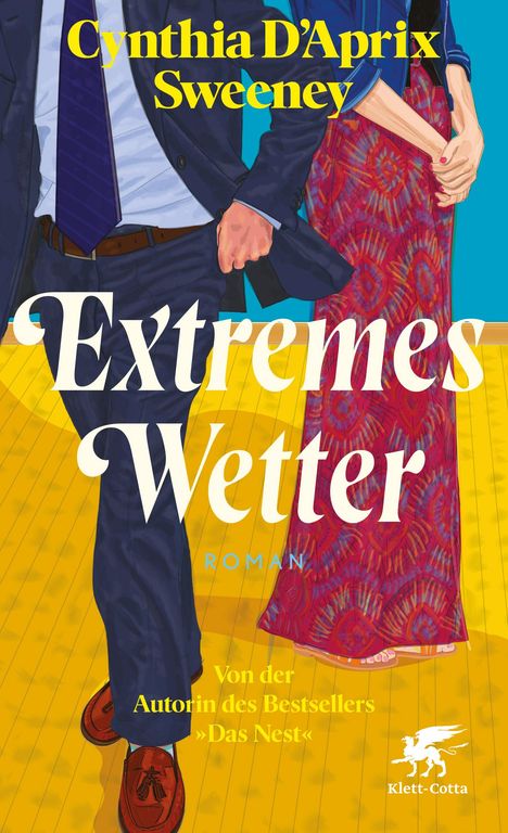 "Cynthia D’Aprix Sweeney, Extremes Wetter, Roman. Illustration von Mann mit Anzug und Frau im gemusterten Kleid."