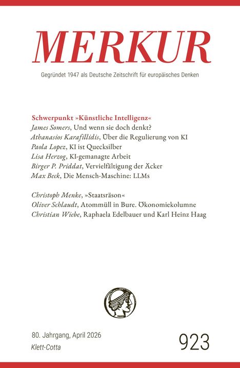 "MERKUR. Schwerpunkt »Künstliche Intelligenz«. 80. Jahrgang, April 2026. Klett-Cotta. Nummer 923." Oben rot, unten symbol.