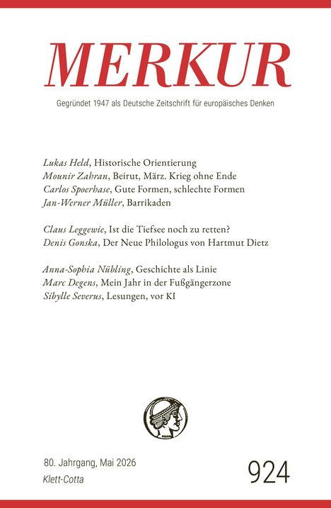 Titel: MERKUR. Beiträge von Lukas Held, Mounir Zahran, Carlos Spoerhase u.a. Logo mit Kopf eines antiken Kriegers unten.