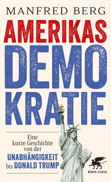 "AMERIKAS DEMOKRATIE", große Buchstaben; Freiheitsstatue und Verlagslogo darunter sichtbar.