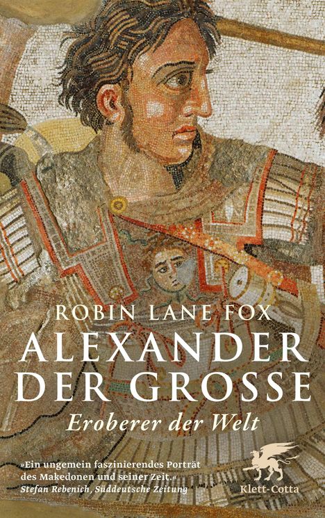 "Alexander der Große: Eroberer der Welt" ist in großen Buchstaben auf einem antiken Mosaik eines Kriegers zu sehen.