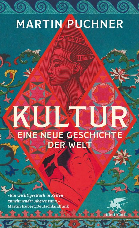 „Martin Puchner: KULTUR, Eine neue Geschichte der Welt“. Illustrationen und Muster mit historischen Figuren und Ornamenten.