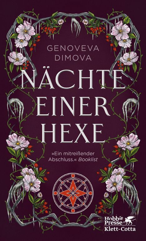 Text: "Genoveva Dimova Nächte Einer Hexe" und "Ein mitreißender Abschluss. Booklist". Illustration: Blumenranken und ein rotes Symbol.