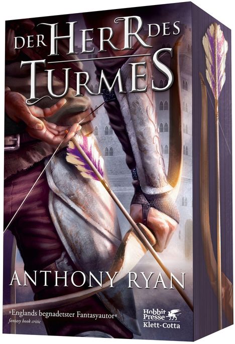 Texte: "DER HERR DES TURMES" von Anthony Ryan. Illustrierter Bogenschütze mit Pfeil, mittelalterlicher Stil.