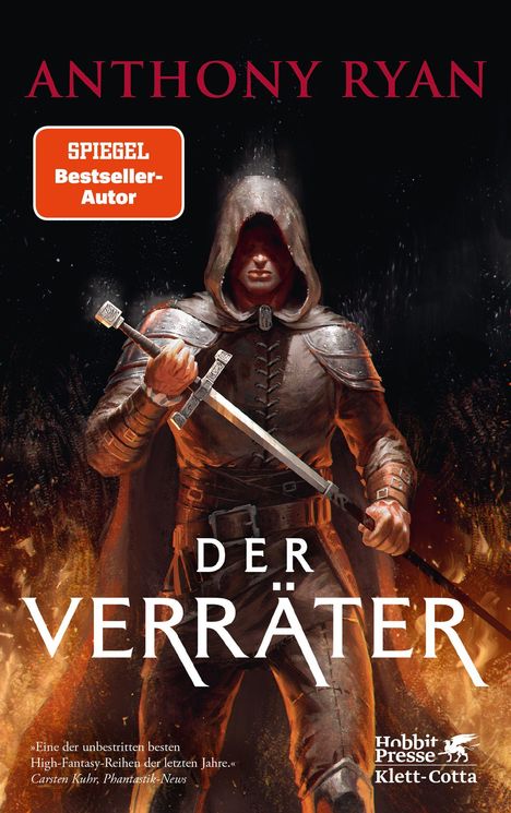 "ANTHONY RYAN", "SPIEGEL Bestseller-Autor", "DER VERRÄTER". Ein vermummter Krieger mit Schwert vor glühendem Hintergrund.