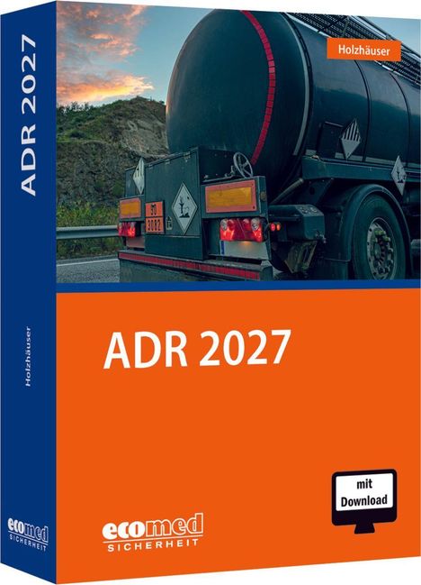„ADR 2027“ und „Holzhäuser“. Lastwagen mit Gefahrenzeichen. Orange Box, „mit Download“ Symbol.
