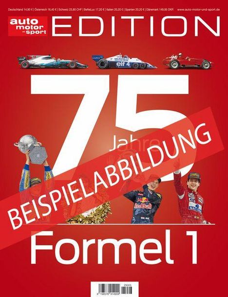 "75 Jahre Formel 1" in großen, weißen Buchstaben auf rotem Hintergrund. Oben Rennautos, unten jubelnde Fahrer.