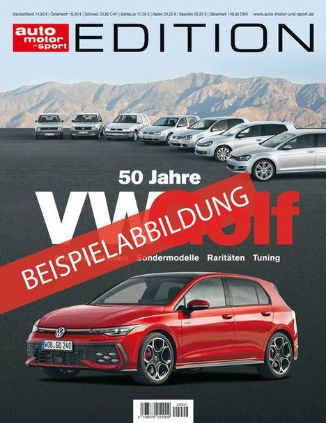 "50 Jahre VW Golf, BEISPIELABBILDUNG. Rote Version vorne, ältere Modelle im Hintergrund vor Berglandschaft."