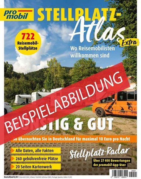 "STELLPLATZ-Atlas Extra", "722 Reisemobil-Stellplätze", "BEISPIELABBILDUNG". Wohnmobile auf einem grünen Campingplatz.