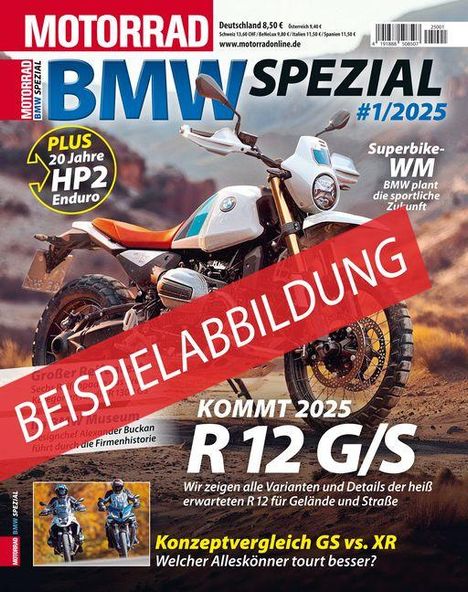 "BMW SPEZIAL #1/2025, KOMMT 2025 R 12 G/S, BEISPIELABBILDUNG." Ein Motorrad in einer landschaftlichen Umgebung.