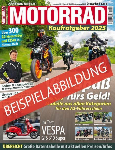 BEISPIELABBILDUNG. MOTORRAD Kaufratgeber 2025. VESPA GTS 310 Super im Test. Drei Motorräder fahren auf einer Straße.