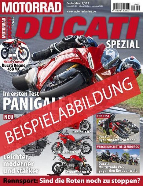Beispielabbildung, MOTORRAD, DUCATI SPEZIAL, Panigale V2, Hypermotard, Multistrada V2, Streetfighter. Motorrad in Kurve.