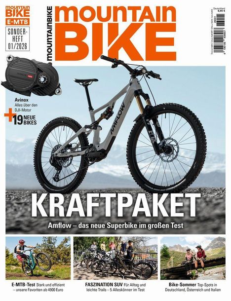 MAGAZIN-Cover: Texte: "KRAFTPAKET", "Amflow – das neue Superbike im großen Test", "Avinox", "19 NEUE BIKES". Zeigt ein modernes Mountainbike.