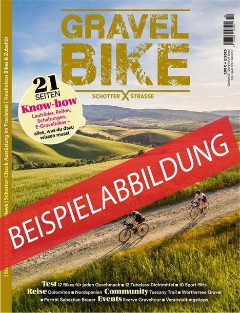 Der Text hebt "BEISPIELABBILDUNG" und "Gravel Bike" hervor. Im Hintergrund fahren Radfahrer durch eine grüne Hügellandschaft.