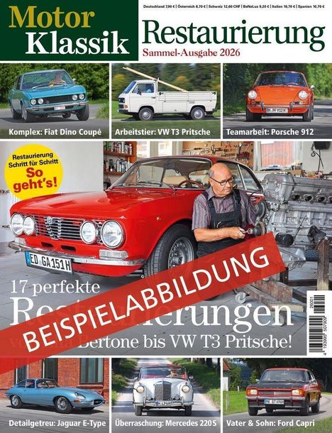 Magazincover mit "Motor Klassik", "Restauration", "BEISPIELABBILDUNG", Autonamen und Preisen in verschiedenen Ländern.