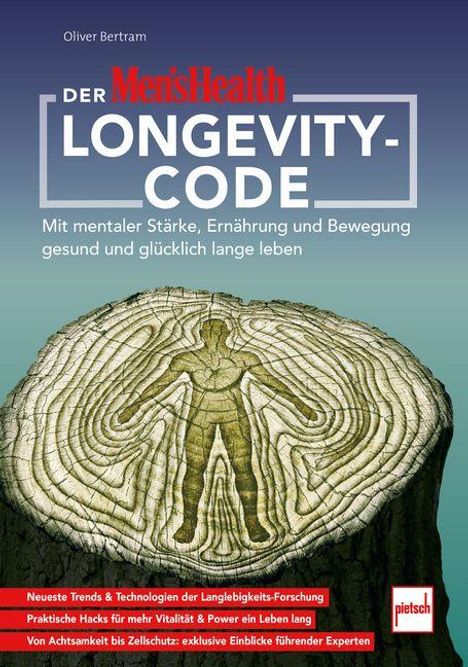 "Der Men's Health Longevity-Code" und Untertitel zur Gesundheit. Illustration: Jahresringe mit Menschensilhouette.