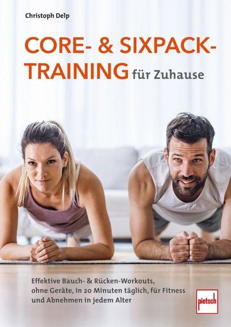 "Core- & Sixpack-Training für Zuhause. Effektive Workouts, 20 Min. täglich. Mann und Frau in Plank-Position, lächelnd."