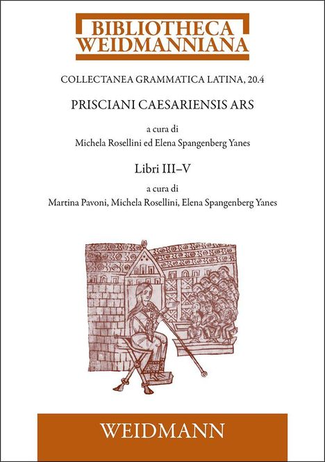 Text: "BIBLIOTHECA WEIDMANNIANA", "PRISCIANI CAESARIENSIS ARS", Gemälde: antike Szene mit Figur und Publikum.