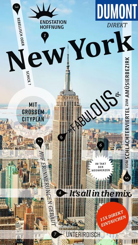 „New York“ in großer Schrift. Empire State Building, Skyline, Dumont direkt Logo.