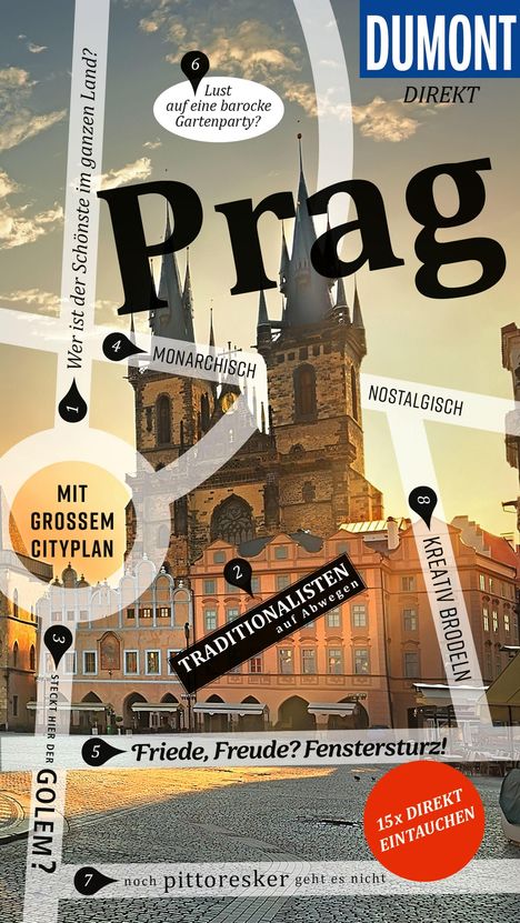 Texte: "Prag", "DUMONT DIREKT", "Mit großem Cityplan", "Lust auf eine barocke Gartenparty?", "15x direkt eintauchen".  
Hintergrund: Städtische Architektur mit Türmen im Abendlicht.