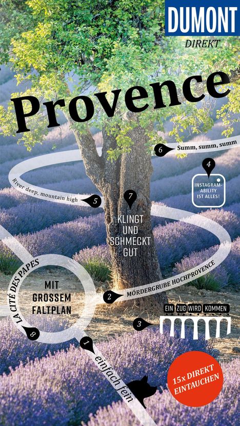 Texte: Provence, klingt und schmeckt gut, MIT GROSSEM FALTPLAN, 15x DIREKT EINTAUCHEN. Lavendelfeld mit Baum.