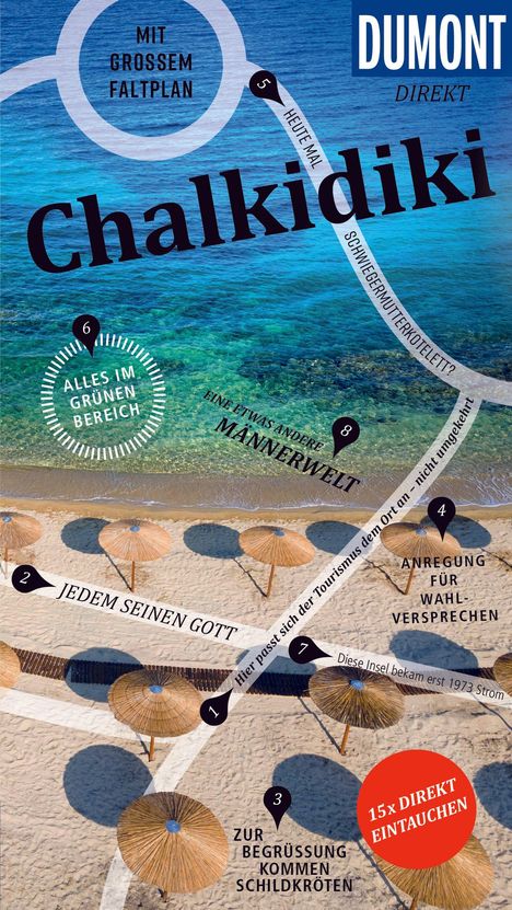 Texte: „Mit großem Faltplan“, „Chalkidiki“, „15x direkt eintauchen“. Sandstrand mit Sonnenschirmen, klares Wasser.