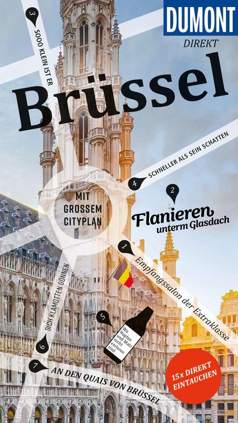 „Brüssel“ in großer Schrift. „Flanieren unterm Glasdach“, „Mit großem Cityplan“. Architektur mit Türmen im Hintergrund.
