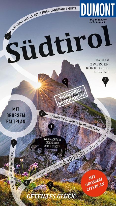 Texte: Südtirol, DUMONT, MIT GROSSEM FALTPLAN, MIT GROSSEM CITYPLAN. Berglandschaft mit Sonnenstrahlen.