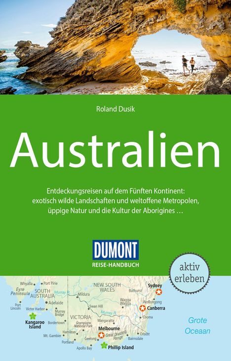 Titel: "Australien", Autor: Roland Dusik. Text: Entdeckungsreisen auf dem Kontinent. Oben: Felsformation am Meer, unten: Kartenausschnitt.