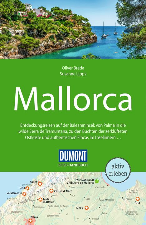 Reiseführer-Titel: "Mallorca" von Oliver Breda und Susanne Lipps. Logo: DUMONT. Bild: Steilküste mit grüner Vegetation.
