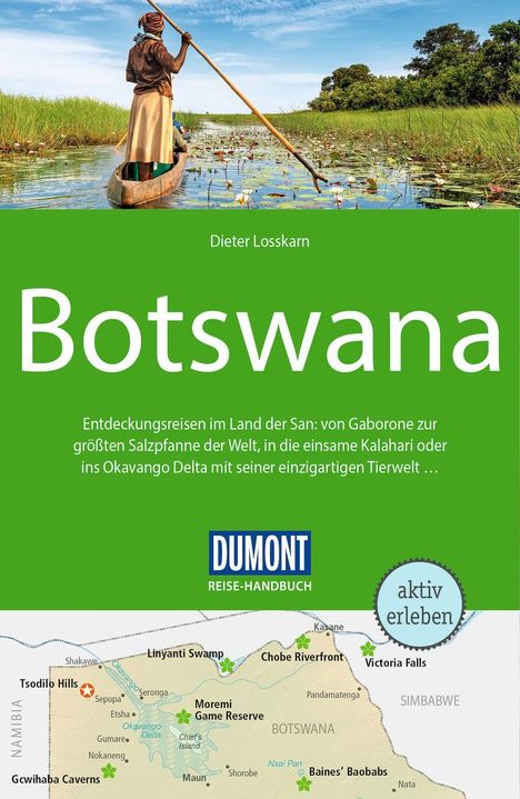 "Entdeckungsreisen im Land der San..."; Oben: person steuert ein Kanu durch Schilf; Unten: Landkarte von Botswana.