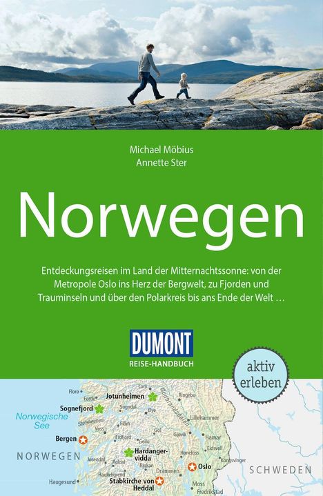 Norwegen, Michael Möbius, Annette Ster. Entdeckungsreisen im Land der Mitternachtssonne. Foto: Erwachsener mit Kind auf Felsen.
