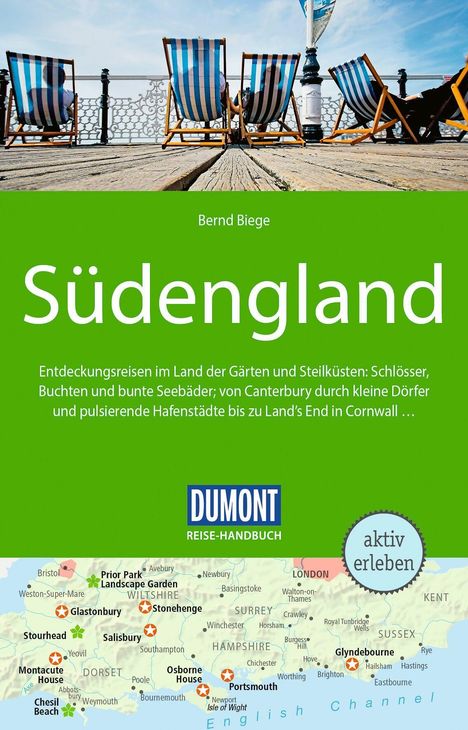 „Südengland“ und „aktiv erleben“ prominent auf grünem Hintergrund mit Landkarte; darüber Liegestühle auf einem Pier.