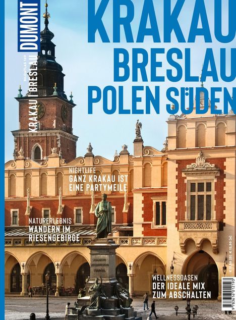 Krakau Breslau Polen Süden. Text beschreibt Partymeile, Wandern und Wellness. Gebäude mit Turm und Statue im Vordergrund.
