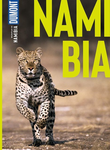 Text: "DUMONT", "Bildatlas Namibia". Ein Leopard läuft dynamisch über eine trockene Landschaft.