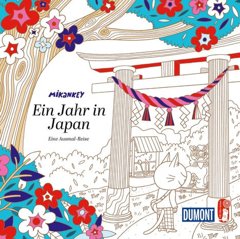 "Ein Jahr in Japan: Eine Ausmal-Reise. Illustration von Bäumen, einem Torii und einer Katze mit Blumen in kräftigen Farben."