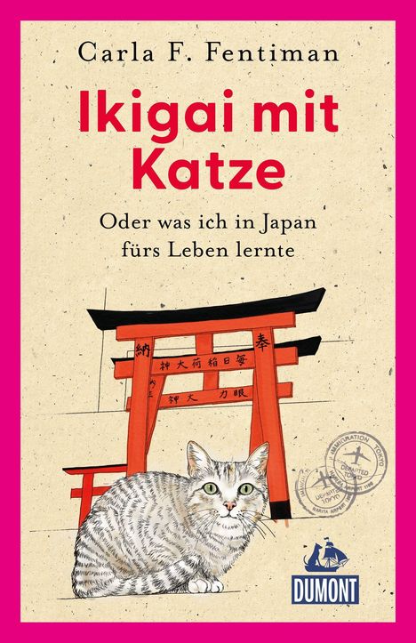 "Ikigai mit Katze – Oder was ich in Japan fürs Leben lernte." Illustration: Eine Katze vor einem Torii mit Stempeln.