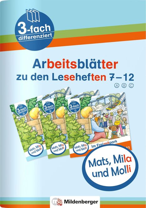 Arbeitsblätter zu den Leseheften 7-12, 3-fach differenziert. Mats, Mila und Molli Logo mit bunten Heften und Parkszene.