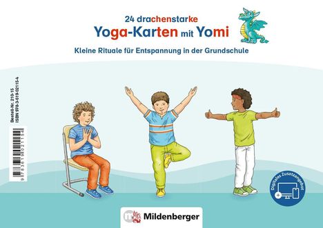 „24 drachenstarke Yoga-Karten mit Yomi. Kleine Rituale für Entspannung in der Grundschule.“ Drei Kinder machen Yoga.