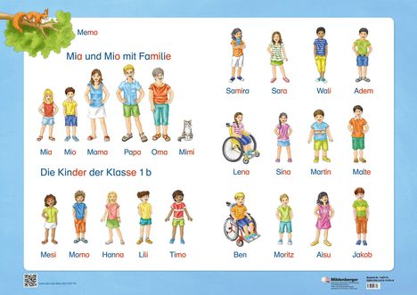 "Mia und Mio mit Familie: Mia, Mio, Mama, Papa, Oma, Mimi. Die Kinder der Klasse 1b: Samira, Sara, Wali, Adem, Lena, Sina, Martin, Malte, Mesi, Momo, Hanna, Lili, Timo, Ben, Moritz, Aisu, Jakob."