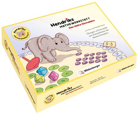 "Hendriks Mathewerkstatt. Das kleine Einmaleins." Illustration mit Elefant, Zahlen und Würfeln. Logo links oben.