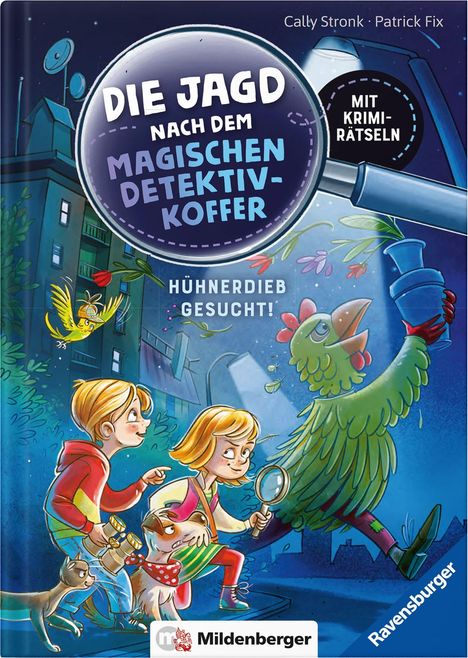 "Die Jagd nach dem magischen Detektivkoffer", "Hühnerdieb gesucht!" Zwei Kinder, ein Hund und ein Huhn mit Hut.