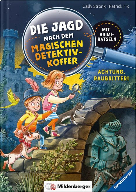 "Die Jagd nach dem magischen Detektivkoffer" steht in großen Buchstaben. Zwei Kinder mit Hund und Katze erkunden eine Burg.