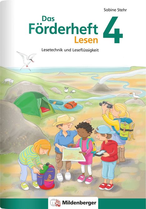 "Das Förderheft Lesen 4" mit "Lesetechnik und Leseflüssigkeit". Illustration von Kindern beim Wandern und Campen in der Natur.