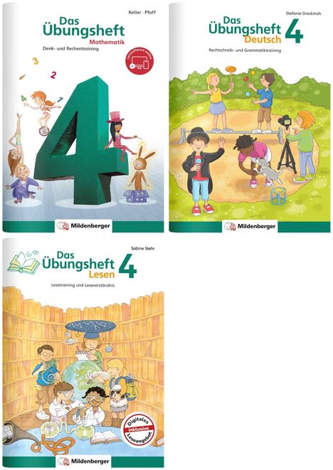 Drei Übungshefte: Mathematik mit Zahl 4, Deutsch mit Kindern im Park, Lesen mit Kindern in Bibliothek. Illustrationen bunt.