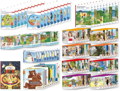 Verschiedene Kinderbuch-Cover mit Titeln wie "Neues aus Mildenberg", "Tiergeschichten", "Mia kocht" und "Wie der Bär".
